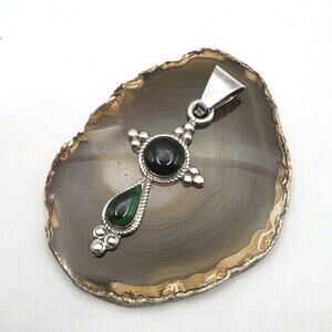 Vintage Taxco Mexico 925 Sterling Silver Black and Green Onyx Cross Pendant